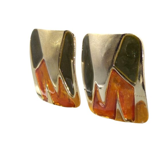 Vintage Modernist Abstract Earrings, Orange and Black Enamel on Gold Tone Studs - Picture 3 of 4